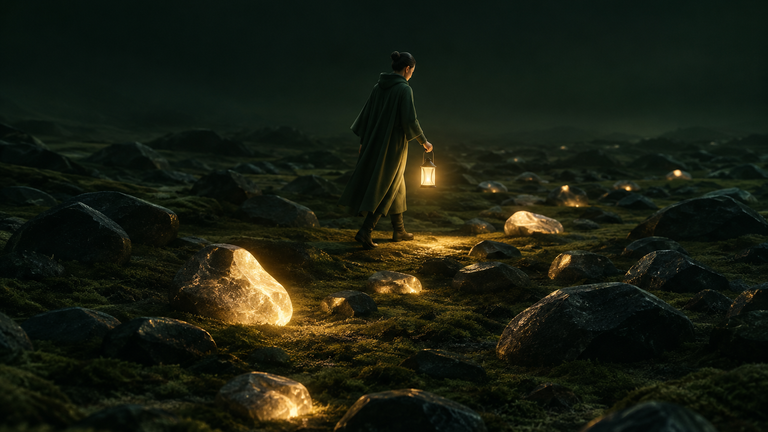 Illustration: A small lantern carried across a dark, unmarked field of scattered unlit stones, a few of them now glowing softly where the light has passed.