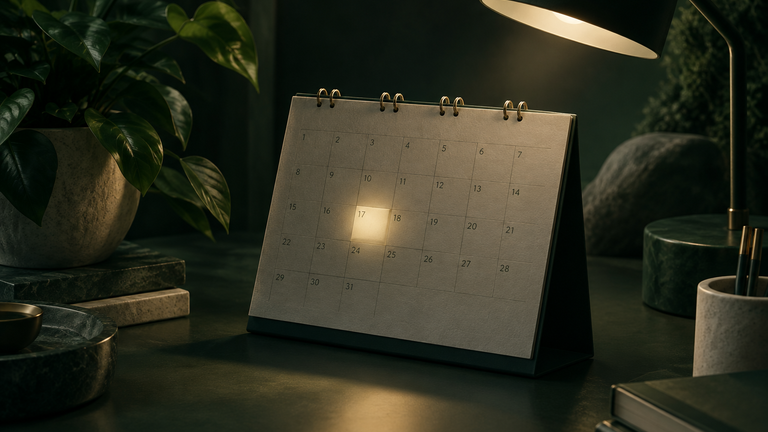 Illustration: A calm still life of a wall calendar page where only one square is softly lit by a desk lamp while the surrounding squares stay in shadow.