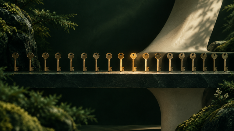 Illustration: A shelf of identical unlabeled brass keys, a few faintly warm to the eye, as if handling them had left a subtle trace on the dust.