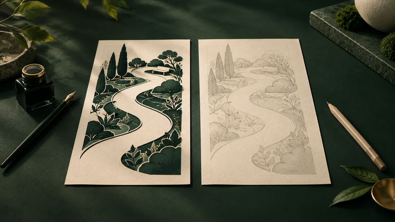 Illustration: Two near-identical paper-cut garden paths side by side on a quiet table, one traced in ink and one in faint pencil.