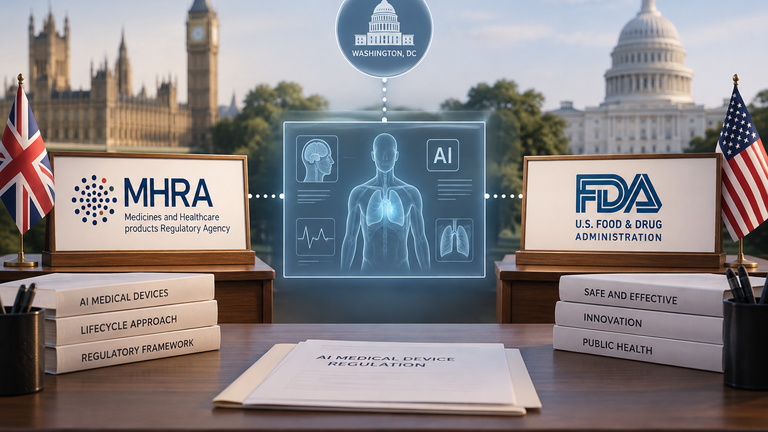 Conceptual AI medical-device diagram between separate MHRA and FDA desks, linked by a proposed Washington liaison.