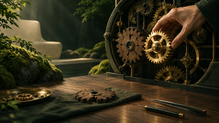 Illustration: A softly lit workshop bench where a cracked wooden gear in a clockwork assembly is being swapped for a fresh brass one while the other gears keep turning.