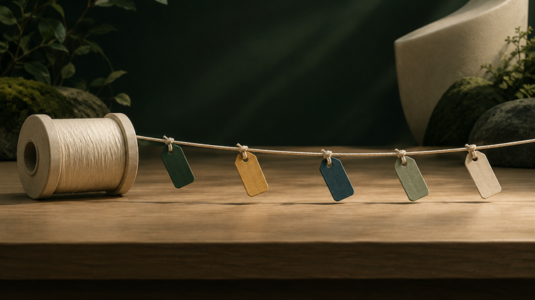 Illustration: A single spool of thread passing through several small differently colored tags tied along its length, resting on a plain workbench in soft light.