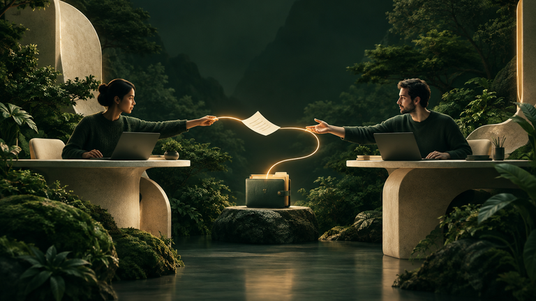 Illustration: Two quiet desks facing each other with a paper note passing between them and a thread of light tracing the note to a small bound folder.