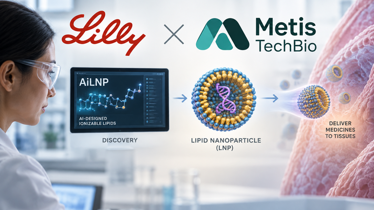 Diagram links Eli Lilly and Metis TechBio through AiLNP to a conceptual lipid nanoparticle targeting tissue.