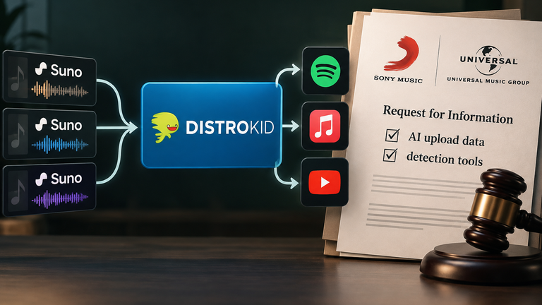 Illustrated legal request from Sony Music and Universal Music Group for DistroKid data about AI-generated music uploads and detection tools.