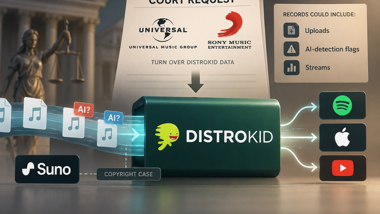 Illustration of Sony and Universal seeking DistroKid upload and AI-detection records for their Suno case.