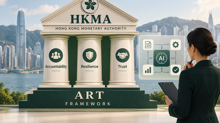 Conceptual HKMA ART diagram showing accountability, resilience and trust supporting AI adoption at a Hong Kong bank, with human oversight.