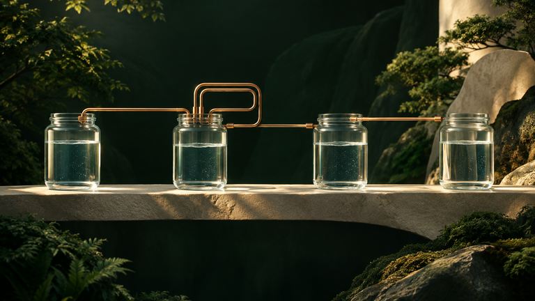 Illustration: Several separate glass jars of water on a shelf, linked by thin copper pipes with one pipe doubled back on itself to suggest a retried flow.