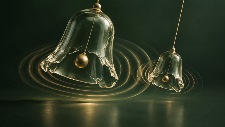 Illustration: Two cracked-open glass bells ringing in tune, one sending ripples that make a smaller neighbouring bell vibrate, soft studio light on a plain background.