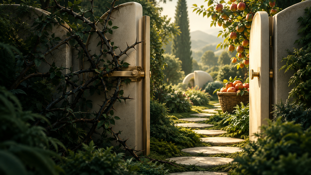Illustration: A garden gate with a narrow path of stepping stones where one latch swings shut on a thorny branch while a neighboring gap stays open to a basket of ripe fruit, soft morning light, no text.
