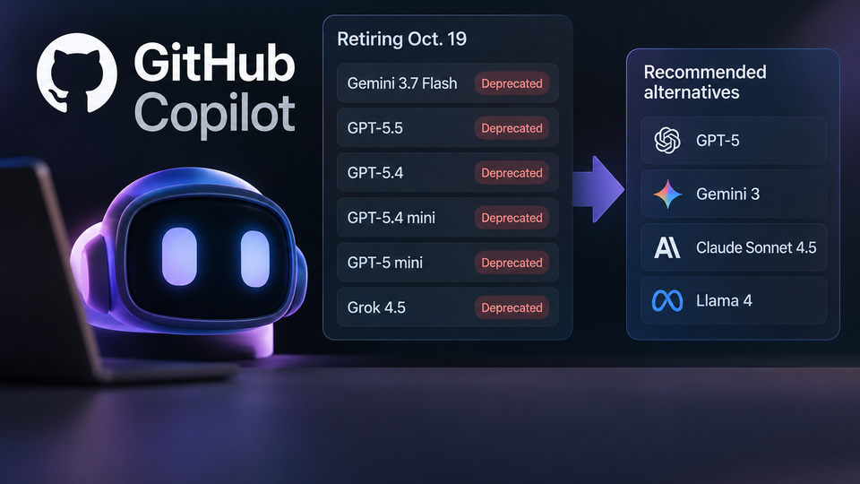 Conceptual GitHub Copilot model selector showing six deprecated models and a path to suggested alternatives.
