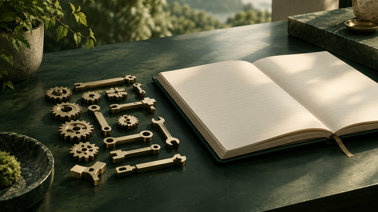 Illustration: A well-organized set of small interlocking brass tools laid out beside an open, empty ledger on a desk in soft morning light.