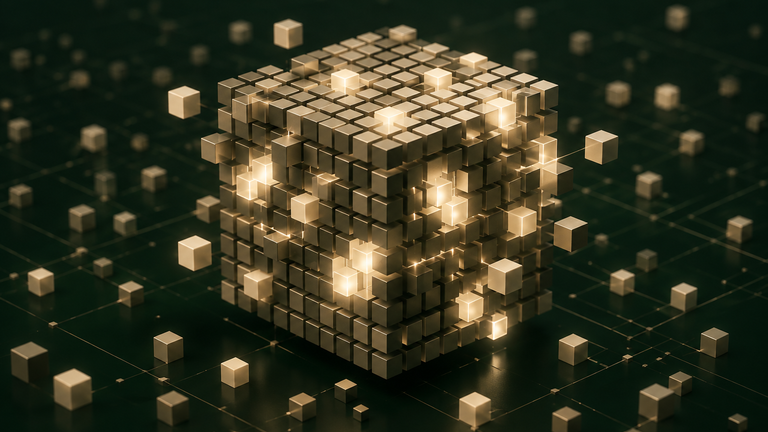 An abstract field of closely arranged elements, with a small subset highlighted against a dark green background.