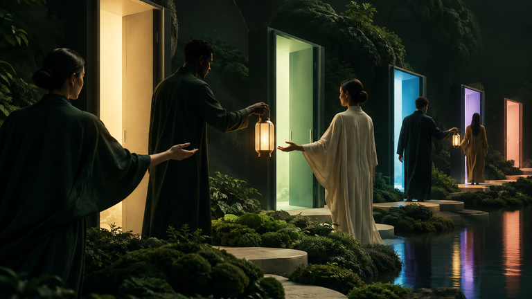 Illustration: A single lantern passed hand to hand along a row of doors, each door opening to a different-coloured light, suggesting identity carried through successive handoffs.