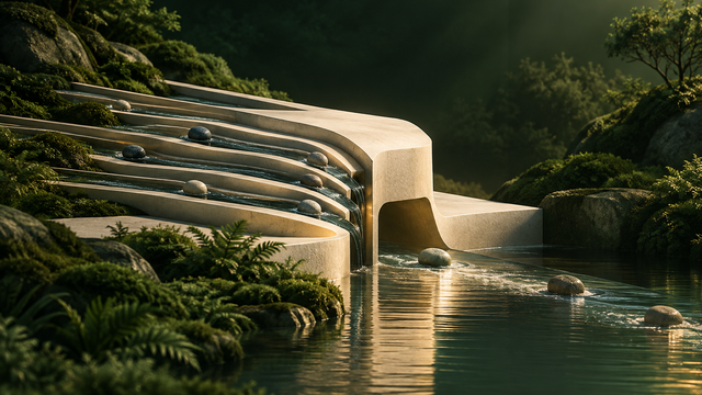 Illustration: A calm illustration of several narrow channels feeding into one wider gate, with a few small stones passing through at a measured pace.