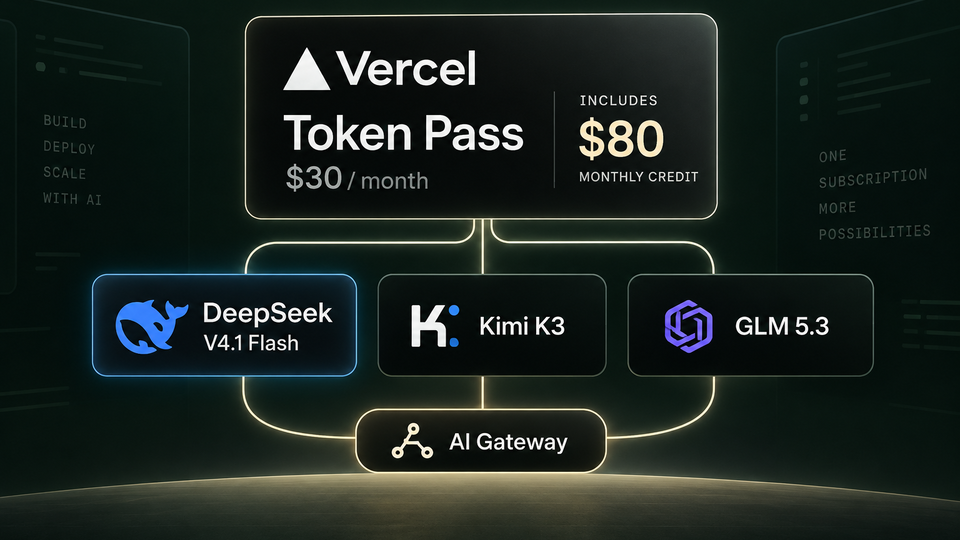 Conceptual Vercel Token Pass illustration showing DeepSeek V4.1 Flash joining Kimi K3 and GLM 5.3 through AI Gateway.