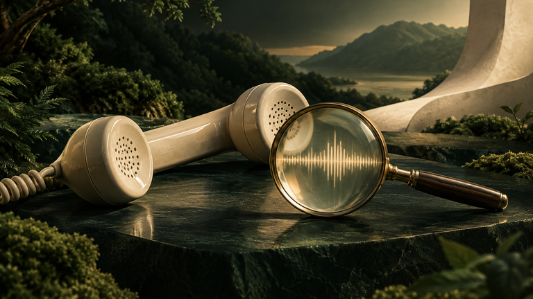 Illustration: A vintage desk telephone handset resting beside a softly lit magnifying lens that reveals a faint sound-wave pattern in the glass, warm neutral tones, no text.