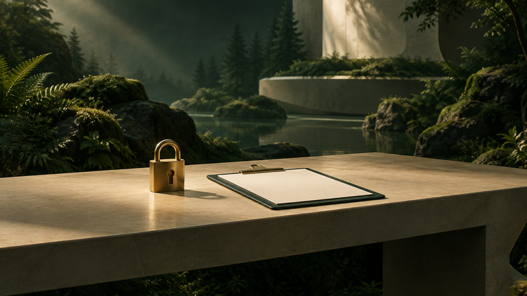 Illustration: A single empty workbench under soft light with a small brass lock and a blank clipboard resting on it, suggesting a new team being assembled to guard something.