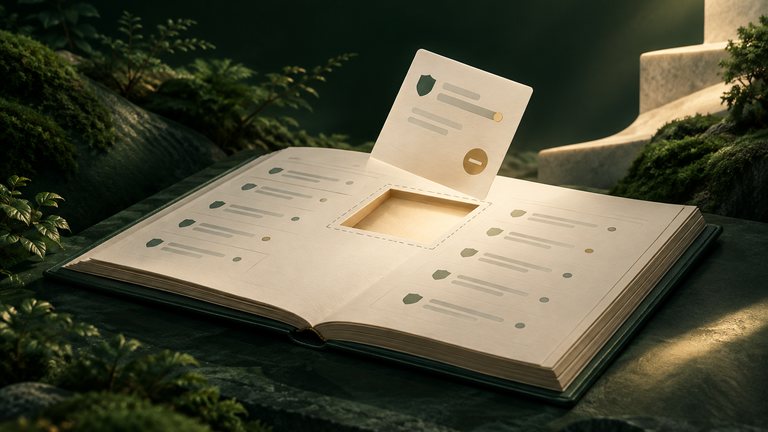 Illustration: A tidy ledger page with one entry gently lifted out and a clearly marked empty slot left in its place, soft warm light, no text.
