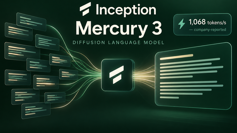 Conceptual Inception Mercury 3 workspace showing text segments resolving in parallel, with the company-reported generation speed labeled.