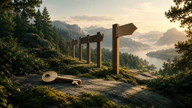 Illustration: A single brass key resting beside a row of blank wooden signposts, one post turned toward a new direction, in soft morning light.