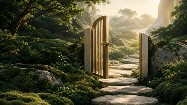 Illustration: A small brass gate standing open on a quiet path of stepping stones in soft morning light, with a single hand-drawn latch half closed.