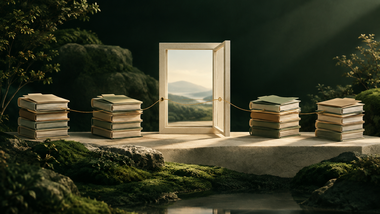 Illustration: A calm illustration of several separate stacks of paper folders joined by one thin thread running through a single open window frame, in soft neutral tones.