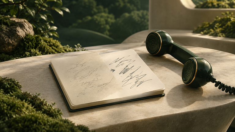 Illustration: A small notebook page being gently rewritten, with abstract illegible pencil strokes and no readable words, old marks fading and new marks appearing, beside an unplugged vintage telephone handset, in soft daylight.