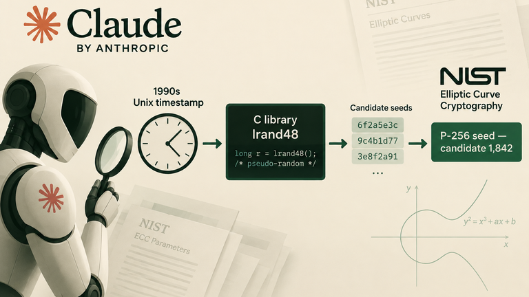 Diagram of Claude tracing the NIST P-256 seed from a Unix timestamp through the lrand48 generator to candidate 1,842.