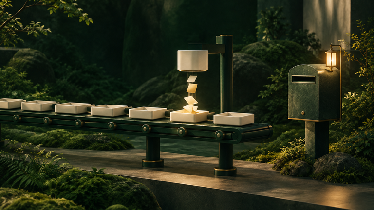 Illustration: A calm illustration of a tidy row of small empty trays on a conveyor, each being gently filled in turn while a single lantern-lit mailbox sits beside the line.
