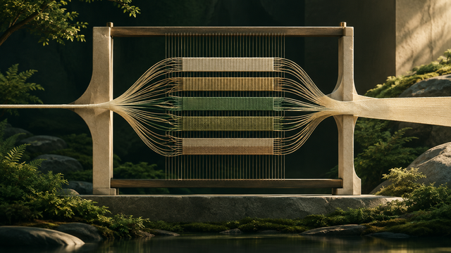 Illustration: A single loom-like frame where one thread splits into many fine threads that weave through parallel bands and rejoin into one cloth, in muted warm tones.