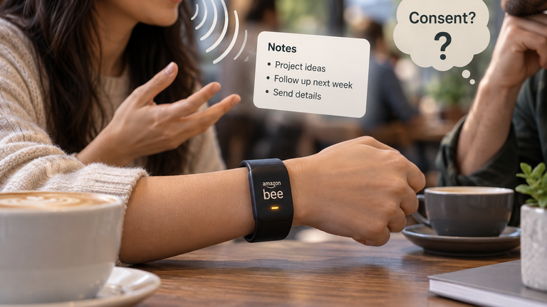 Conceptual café scene showing a Bee wearable turning nearby speech into notes, with bystander consent left in question.