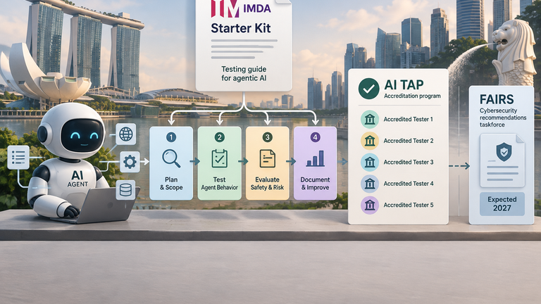 Illustrated Singapore agentic-AI testing guide linked to AI TAP tester accreditation, with a separate FAIRS report marked as expected in 2027.