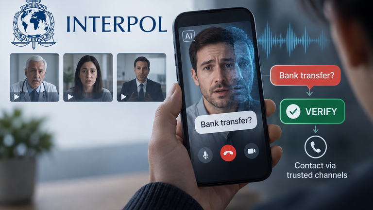 Conceptual INTERPOL campaign illustration showing an AI-impersonation video call requesting a bank transfer, countered by a prompt to verify the caller.