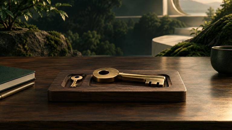 Illustration: A small brass key resting in a slot beside a larger key on a calm wooden workbench, suggesting a lighter helper paired with a lead.