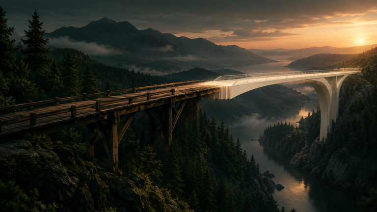 Illustration: A single long wooden bridge half-lit at dusk, its far end dissolving into a newly built span of a different, lighter material, suggesting one path being carried over into another.
