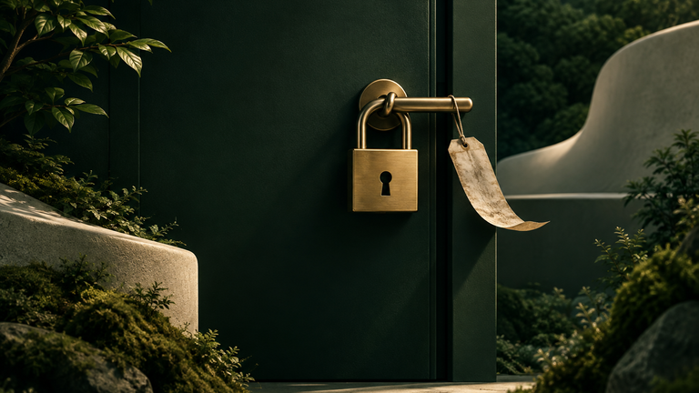 Illustration: A heavy brass lock on a plain door that stays shut while a faded paper tag on its handle curls away, suggesting an old cached pass being refused.