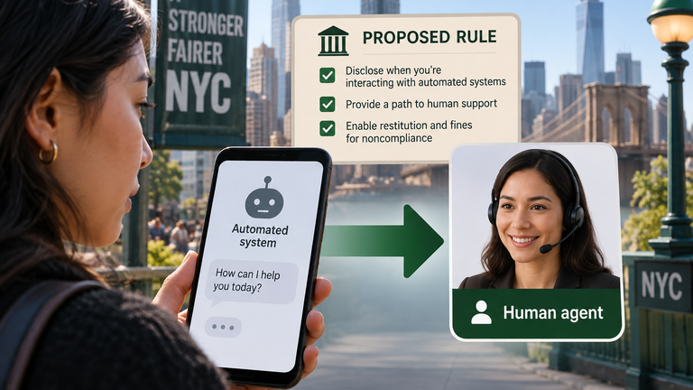 Illustration of a New York customer moving from an automated business support chat to a human agent, labeled as a proposed rule.