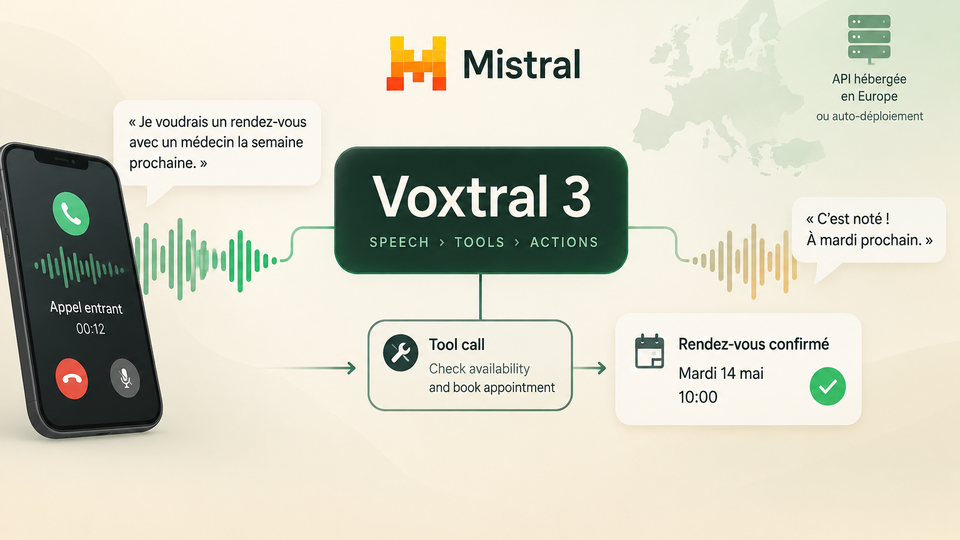 Conceptual Voxtral 3 voice-agent workflow connecting a phone conversation, French referral transcription, appointment-booking tool call and spoken reply.