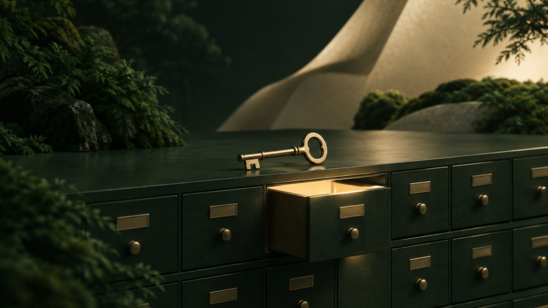 Illustration: A single brass key resting on a row of identical small metal drawers, one drawer slightly open and glowing softly, in muted warm studio light.