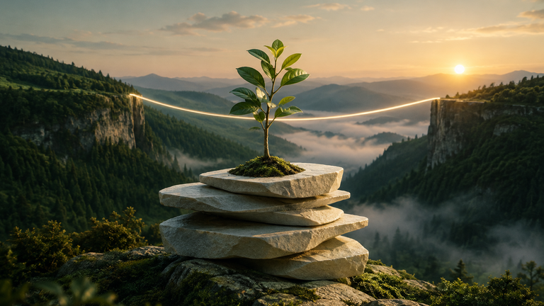Illustration: A single sapling growing from a stack of layered stone slabs, with a thin bridge of light joining two separate ridges behind it, in soft dawn colors.