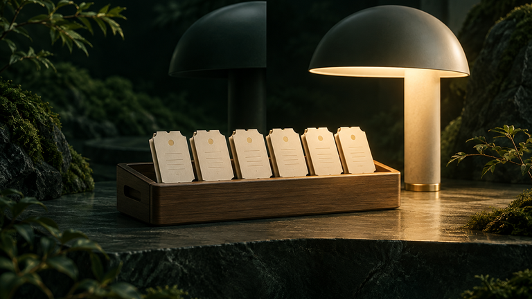 Illustration: A tidy row of paper tickets resting in a wooden tray while a lamp is switched off and on again, the tickets unmoved.