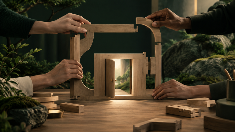 Illustration: A softly lit wooden workbench where an unfinished frame is being assembled from interlocking pieces by several hands, with one small door in the frame left open.