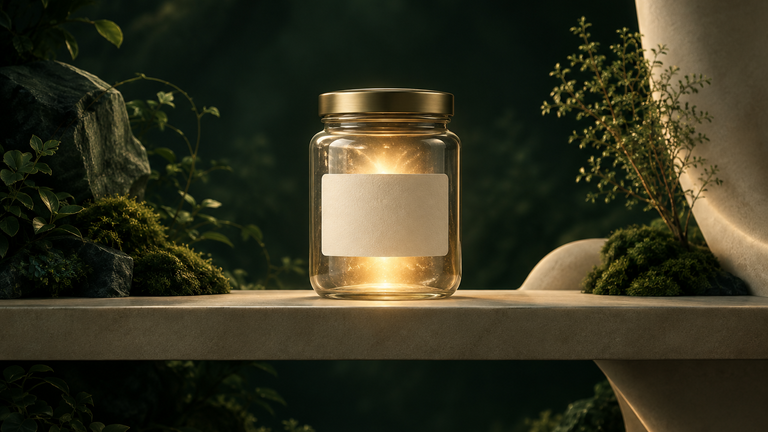 Illustration: A glass jar with a closed lid on a shelf, a faint warm light glowing from inside while the label on the front is left blank.