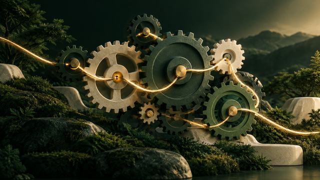Illustration: A single unbroken thread running through a cluster of interlocking gears and stitching the whole mechanism together as it turns, in soft warm light.