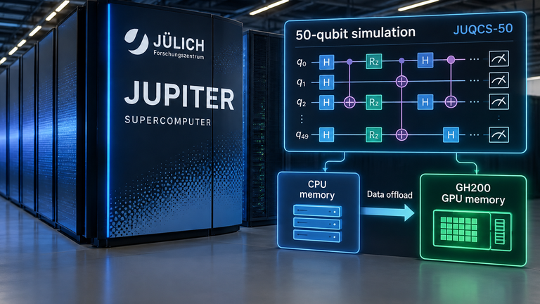 Conceptual diagram of JUPITER running a 50-qubit simulation using JUQCS-50 and CPU–GPU memory.