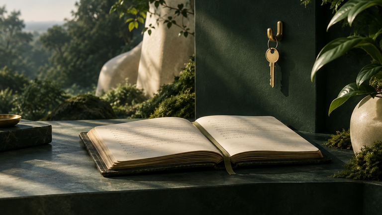 Illustration: A small brass key hanging on a hook beside a worn notebook whose pages stay open to the same bookmarked page, lit by soft morning light.