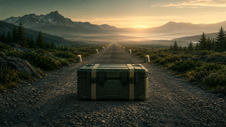 Illustration: A single sealed supply crate resting on a long gravel road that fades into soft dawn haze, with a neat line of small unlit waypoint markers leading toward the horizon.
