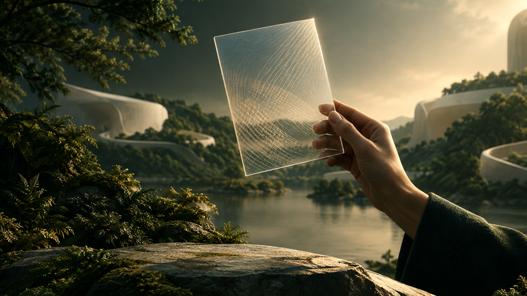 Illustration: A glass pane held up to soft light, revealing a faint woven pattern of fine threads inside otherwise clear glass.